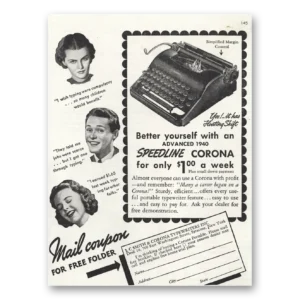 1939 Corona Typewriter Print Ad | Speedline Typewriter