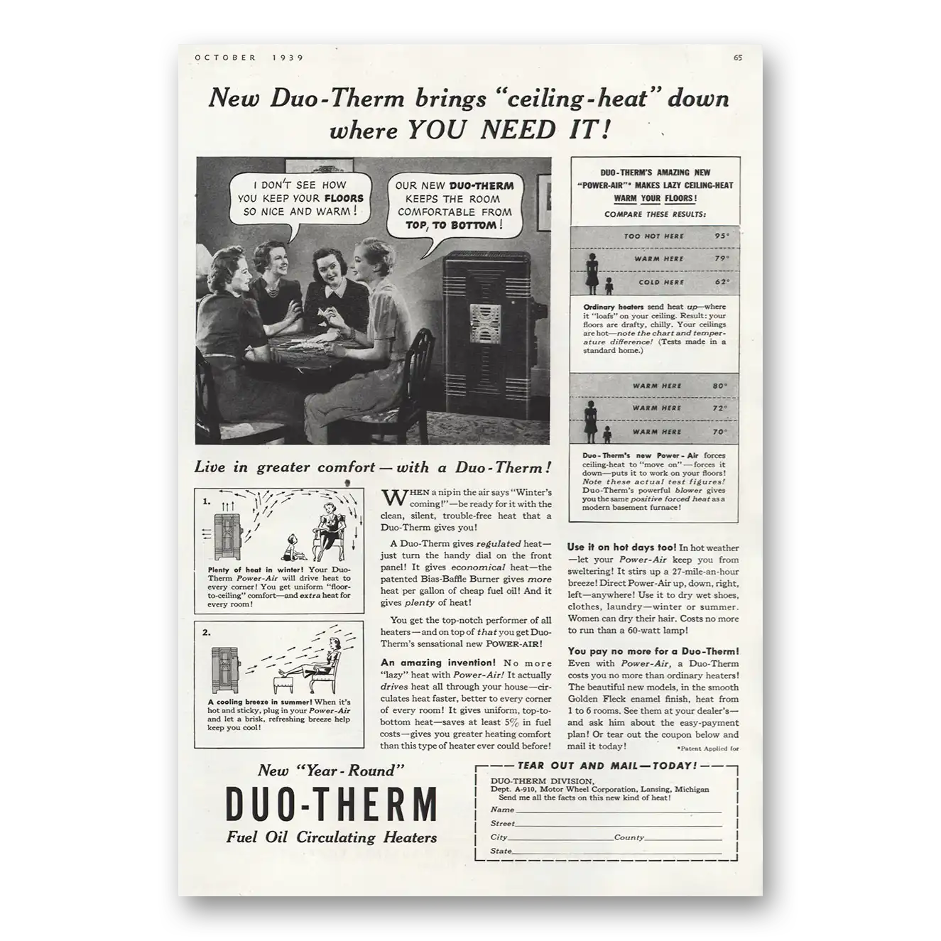 1939 Duo Therm Heaters Print Ad | Ceiling Heat Down