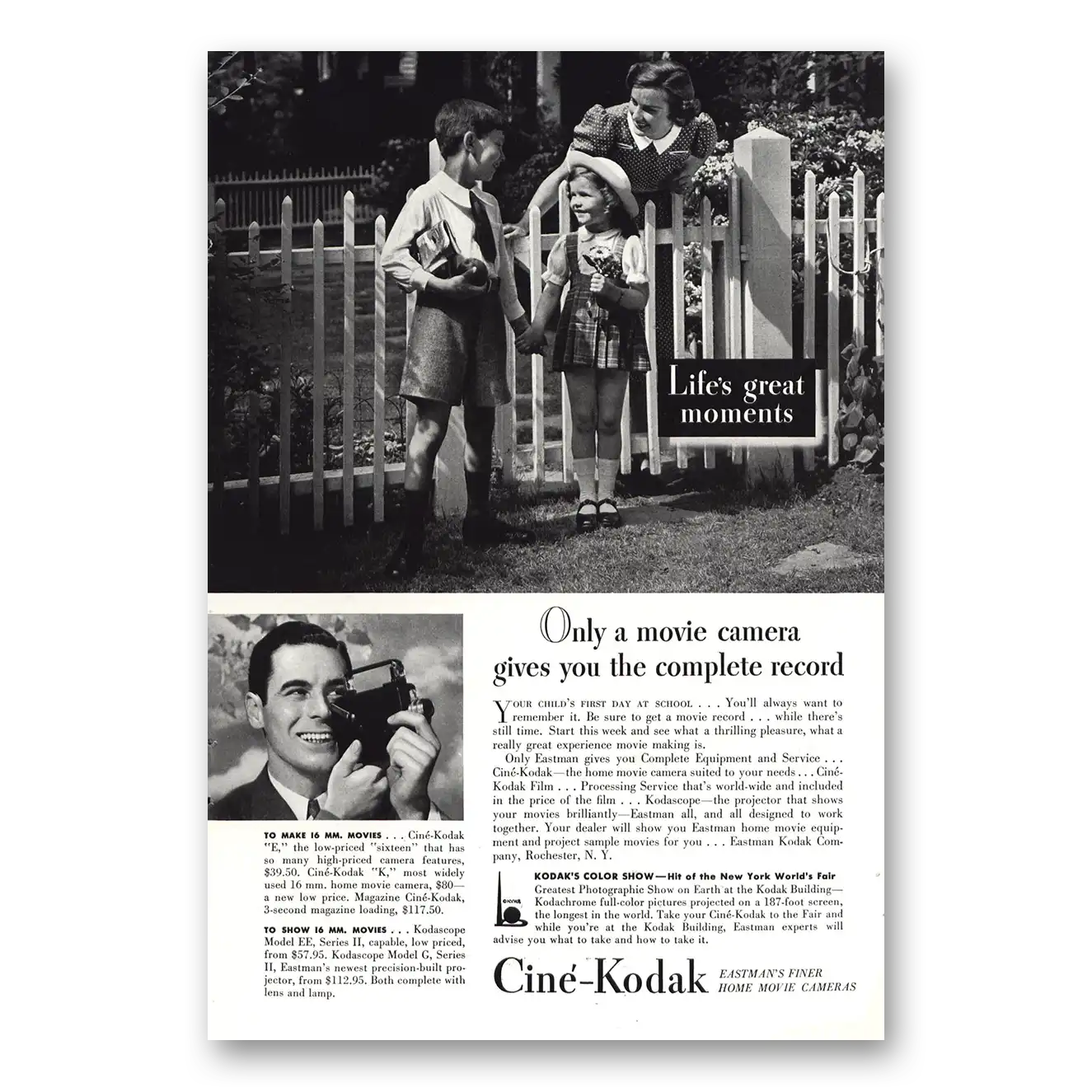 1939 Cine Kodak K Camera Print Ad | Childs First Day School