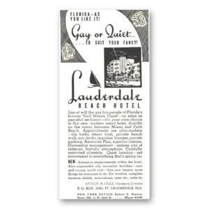 1939 Lauderdale Beach Hotel Print Ad | Gay Or Quiet