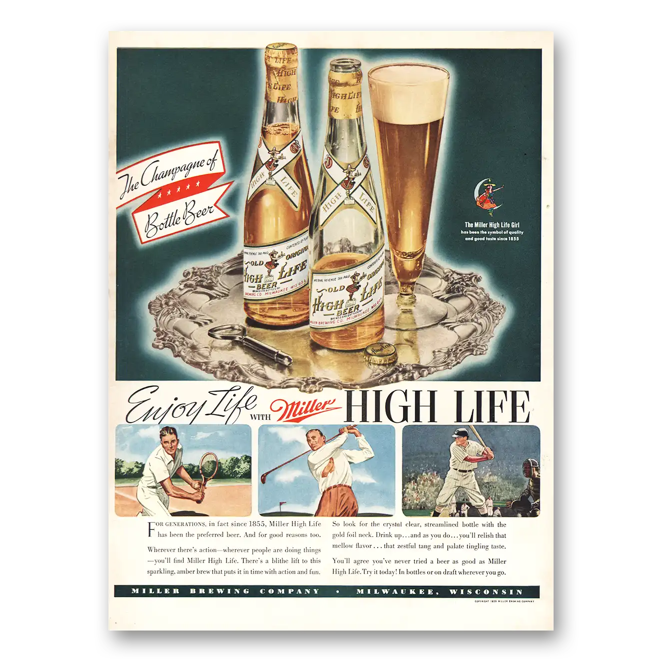1939 Miller Beer Print Ad | Champagne Bottle Beer