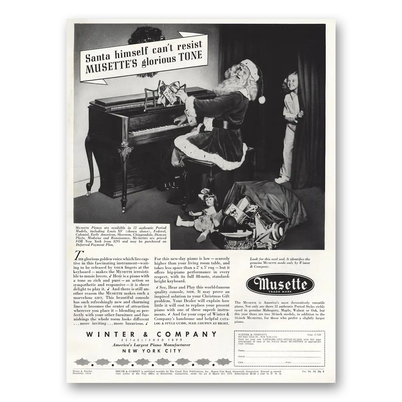 1939 Musette Piano Print Ad | Santa Himself