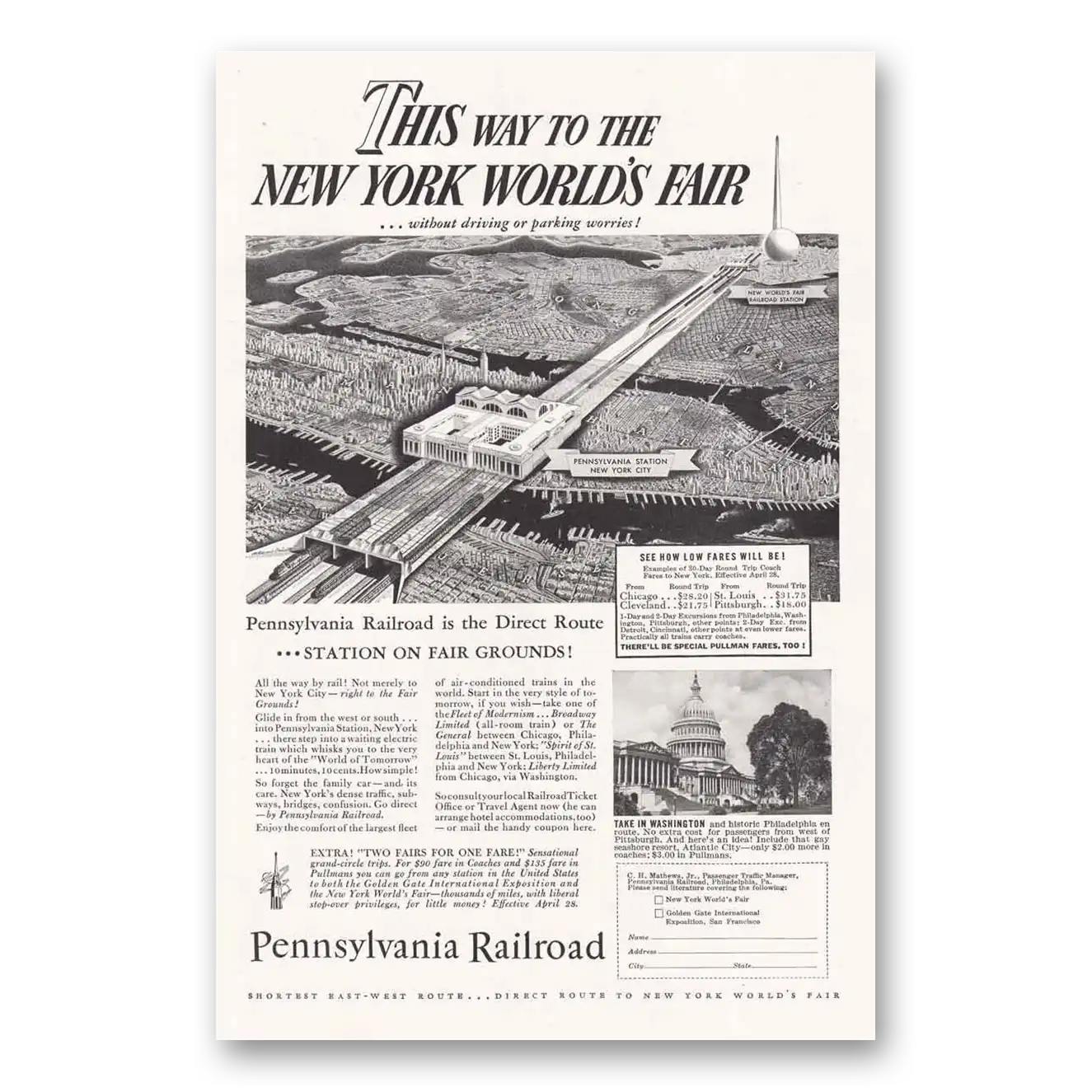 1939 Pennsylvania Railroad Print Ad | Worlds Fair