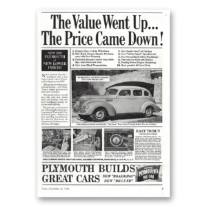 1939 Plymouth Print Ad | Value Went Up Price Came Down