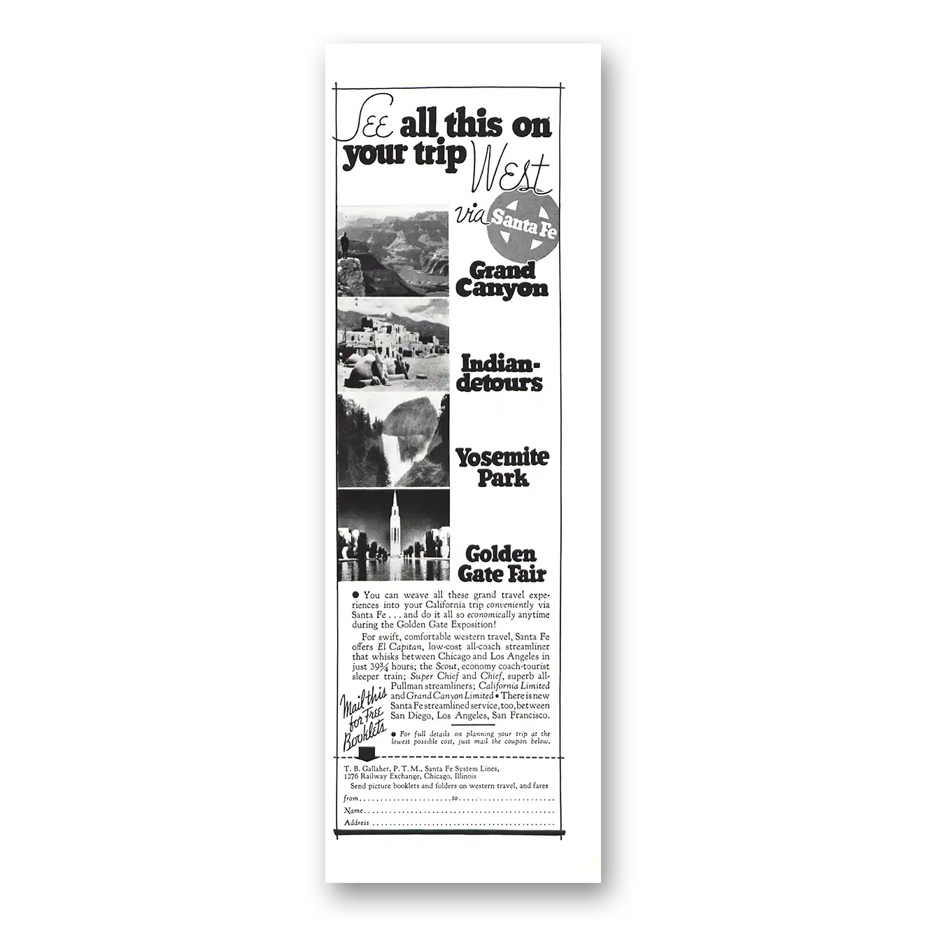 1939 Santa Fe Railway Print Ad | Grand Canyon Indian Detours, Yosemite, Golden Gate Fair