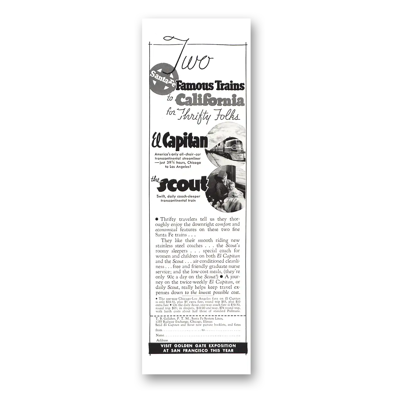 1939 Santa Fe Railway Print Ad | El Capitan Scout, Golden Gate