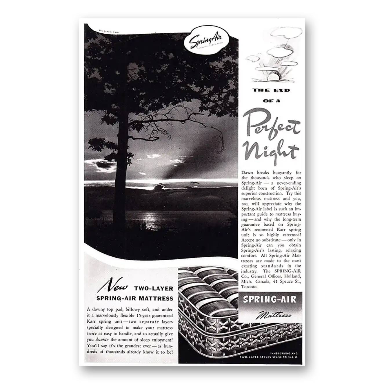 1939 Spring Air Mattress Print Ad | Perfect Night