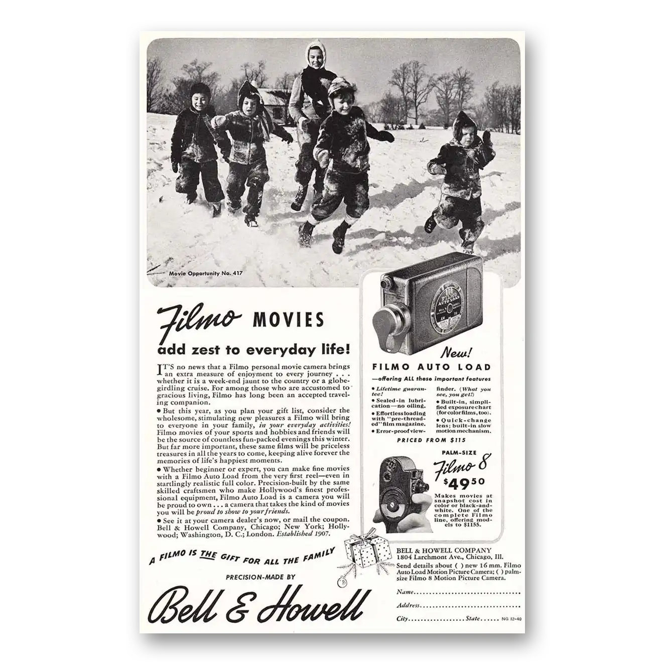 1940 Filmo Camera Print Ad | Movies Add Zest