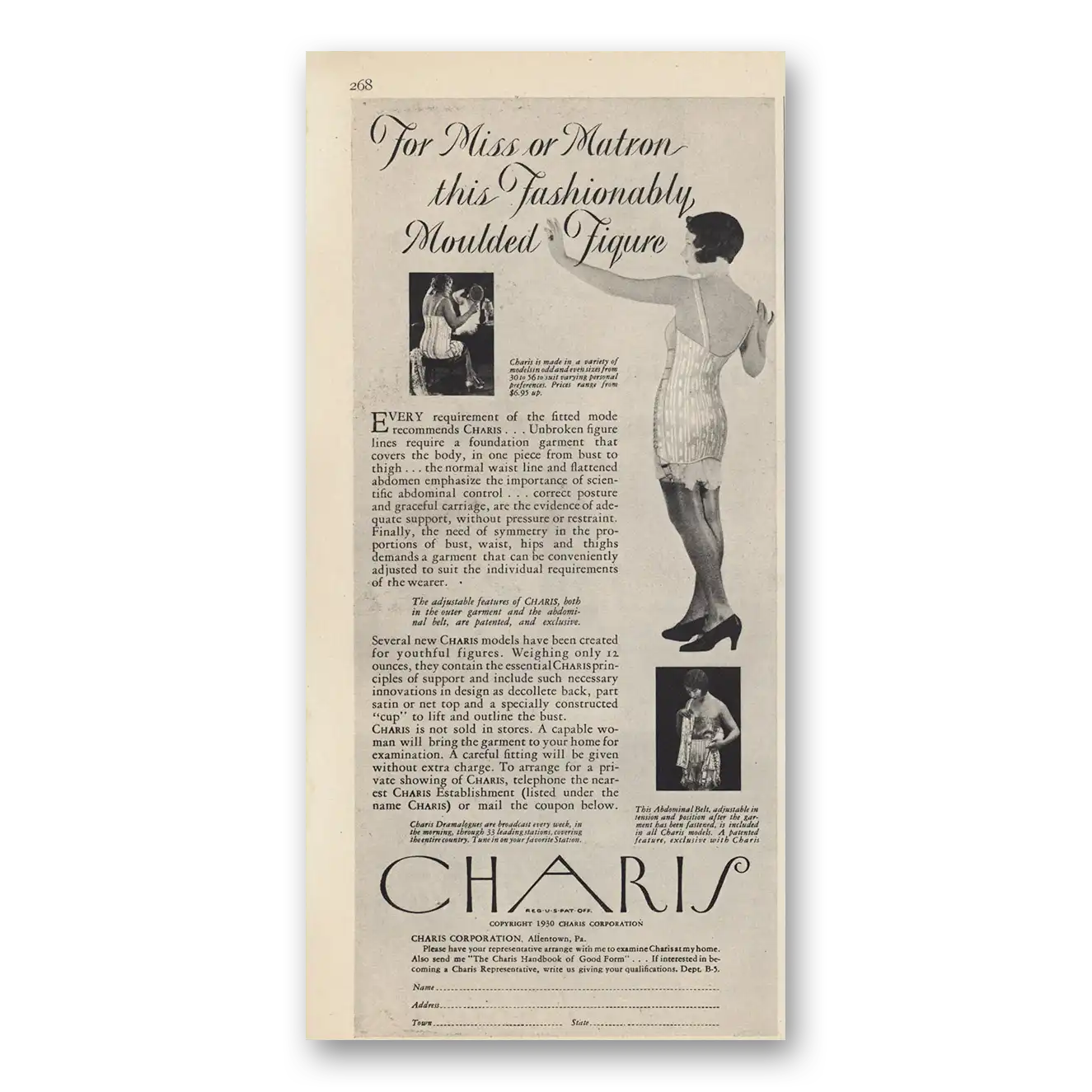 1930 Charis Foundation Garments Print Ad | Miss Matron