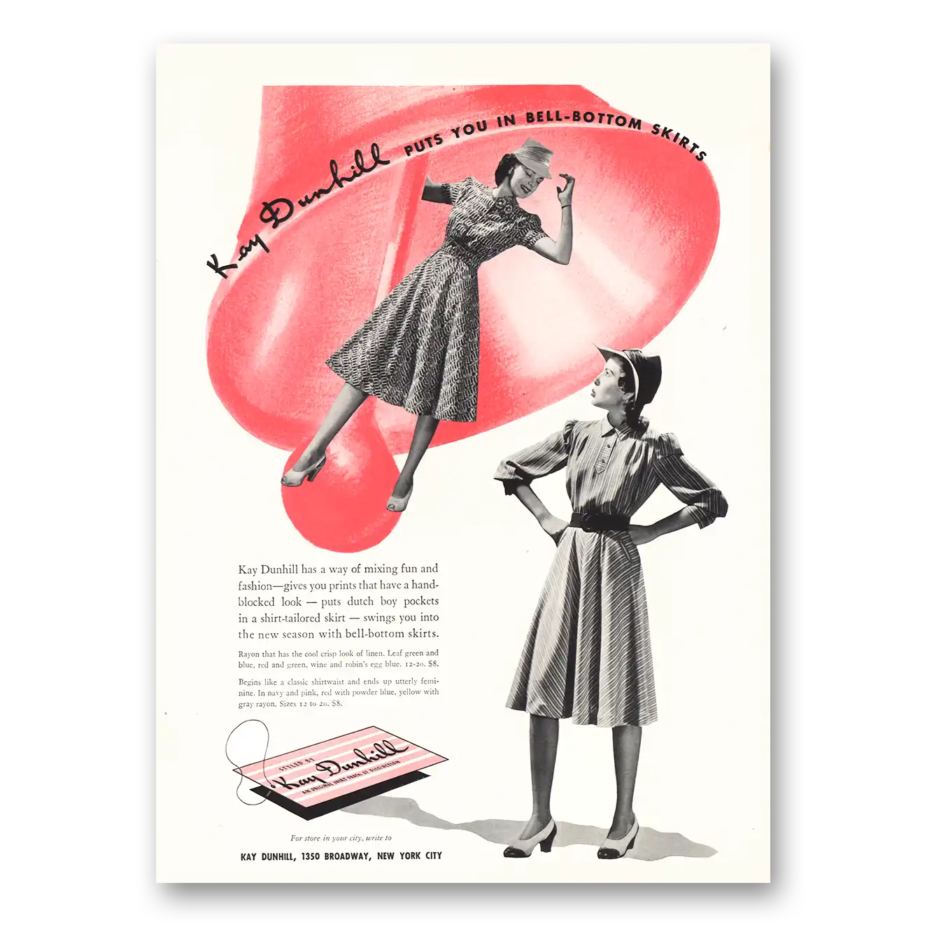 1940 Kay Dunhill Print Ad | Bell Bottom Skirts