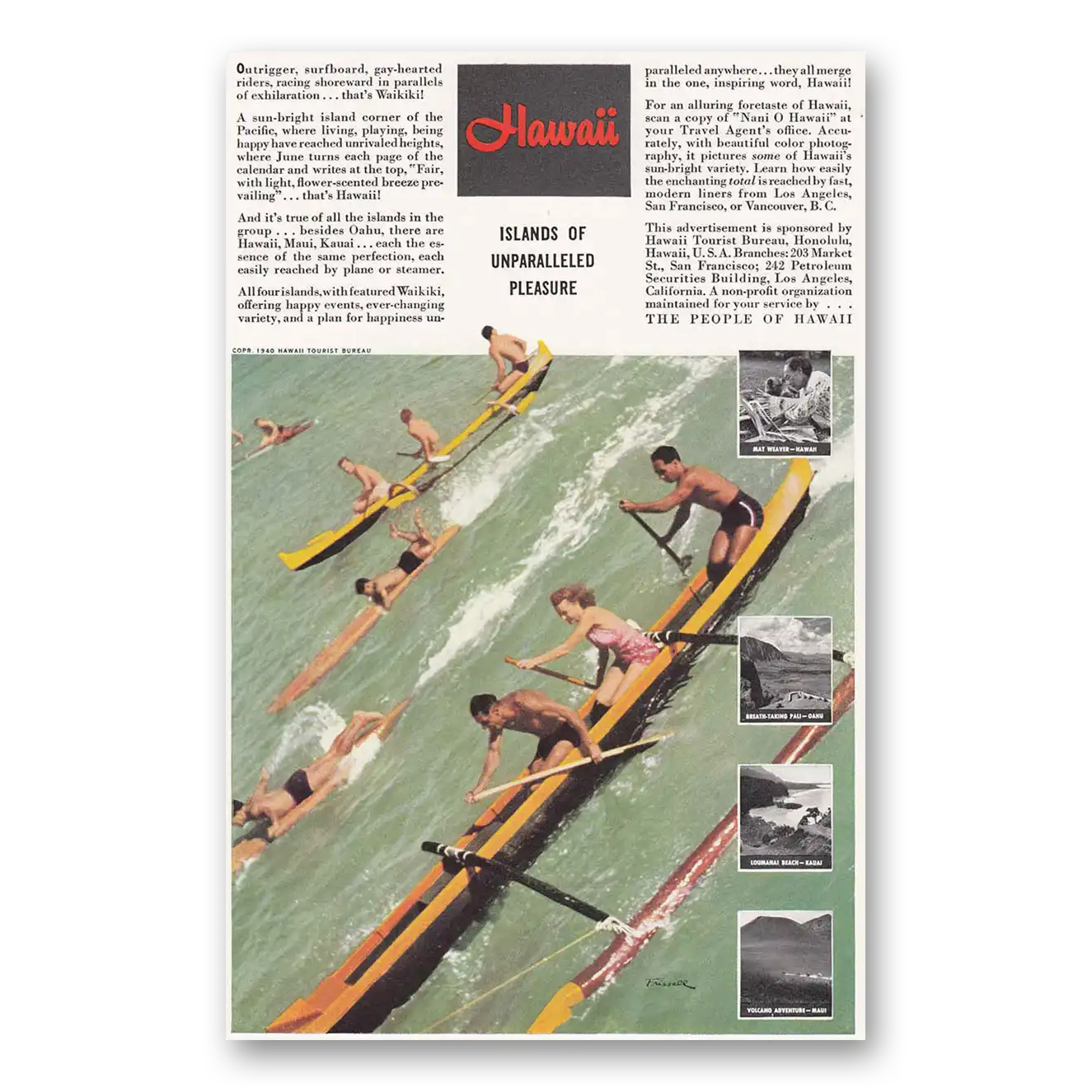 1940 Hawaii Print Ad | Outrigger Surfboard
