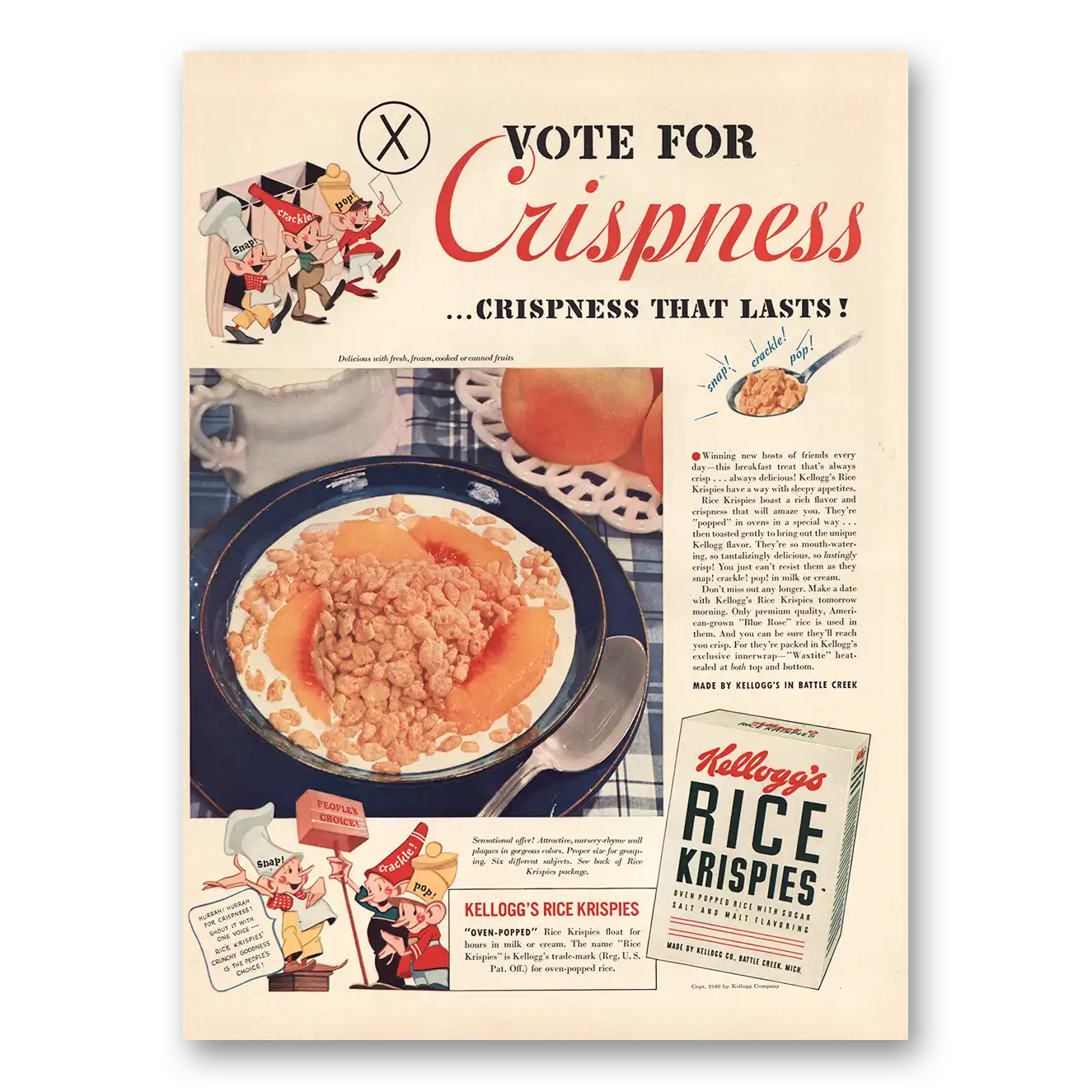 1940 Kelloggs Rice Krispies Cereal Print Ad | Vote