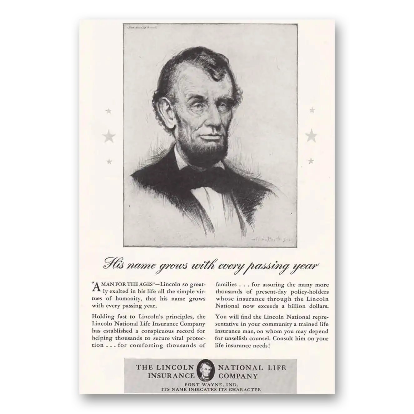 1940 Lincoln National Life Insurance Print Ad | Name Grows