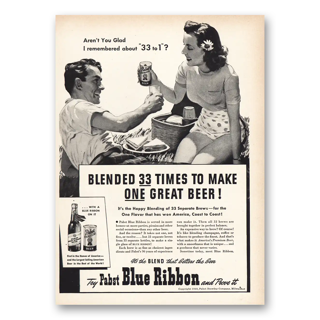 1940 Pabst Blue Ribbon Beer Print Ad | Arent You Glad
