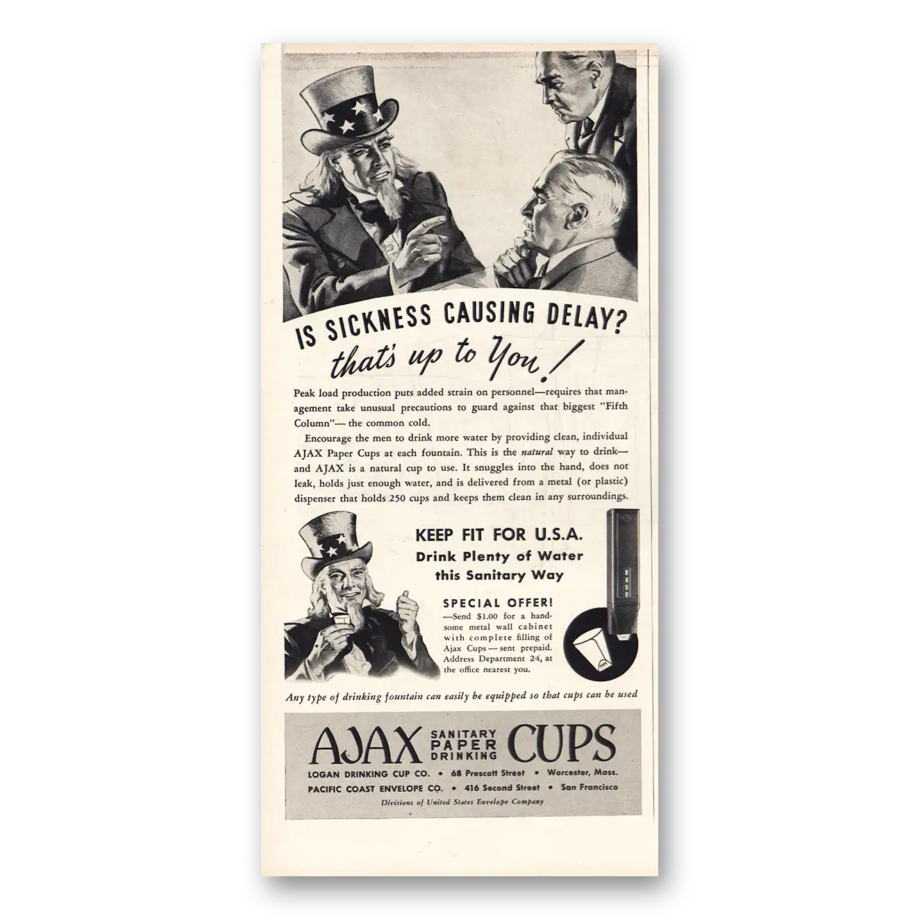 1941 Ajax Cups Print Ad | Sickness Causing Delay
