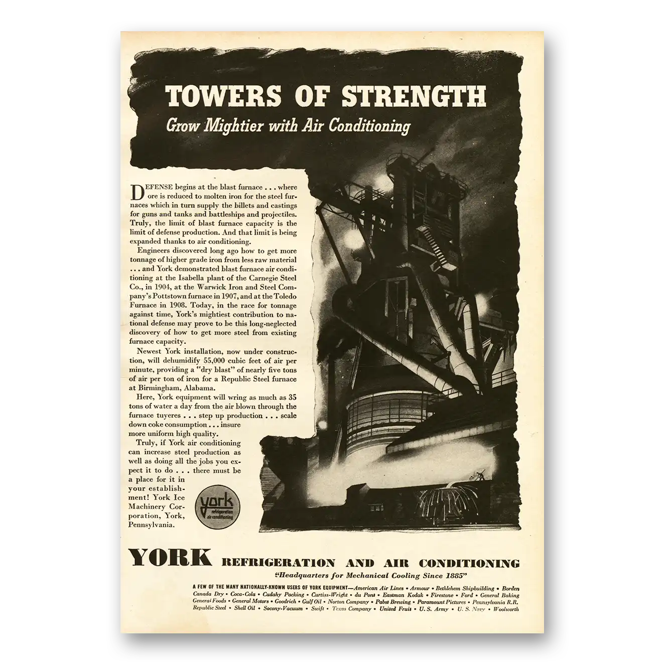 1941 York Refrigeration and Air Conditioning Print Ad | Towers Strength