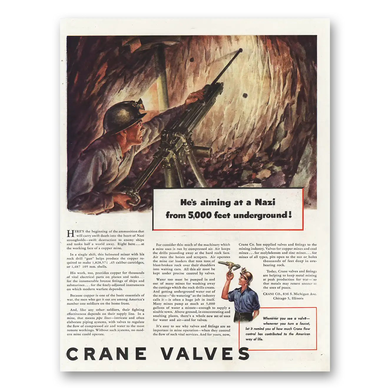 1943 Crane Valves Print Ad | Aiming At Nazi