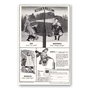 1942 Ethyl Gasoline Print Ad | Name Ira Barbara Donald