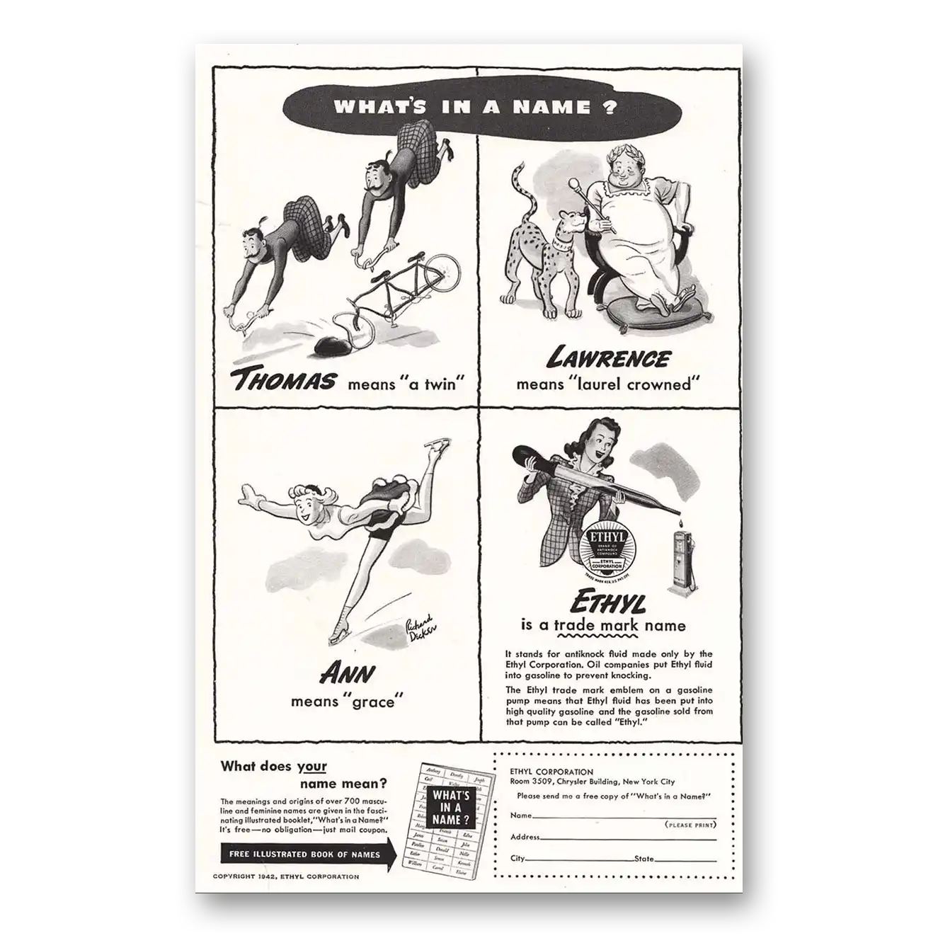 1942 Ethyl Gasoline Print Ad | Name Thomas Lawrence