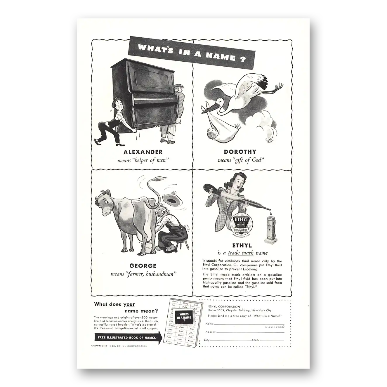 1942 Ethyl Gasoline Print Ad | Name Alexander Dorothy