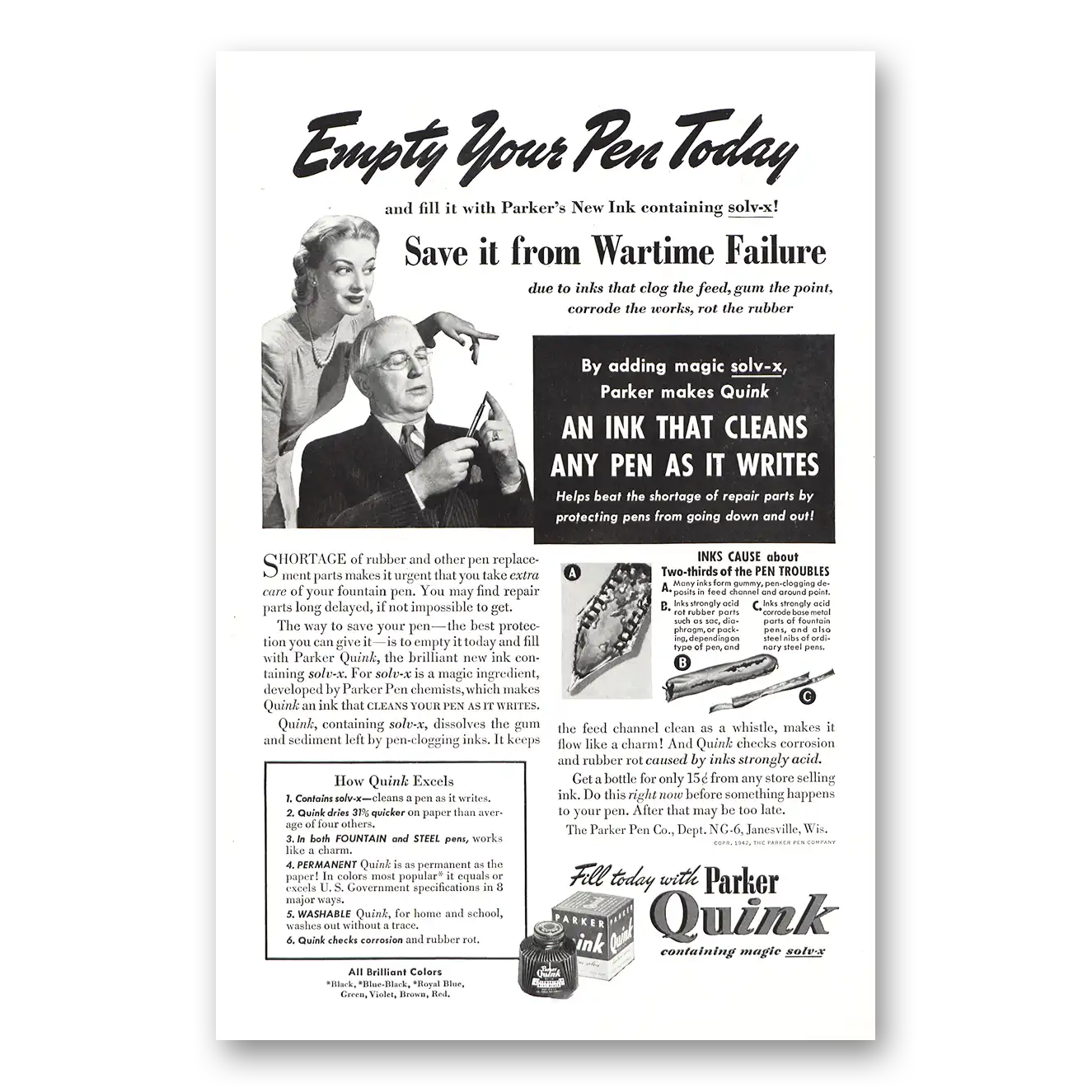 1942 Parker Quink Ink Print Ad | Wartime Failure