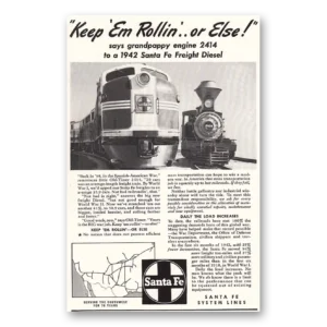 1942 Santa Fe Railway Print Ad | Keep Em Rolling