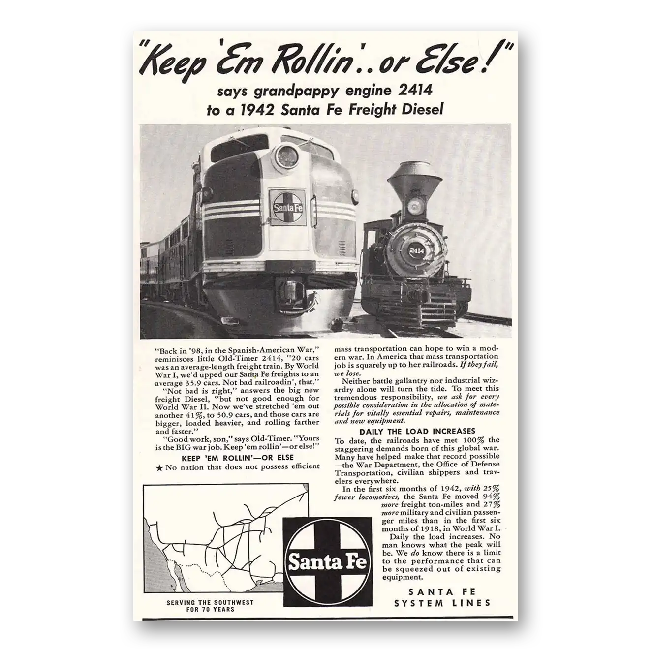 1942 Santa Fe Railway Print Ad | Keep Em Rolling