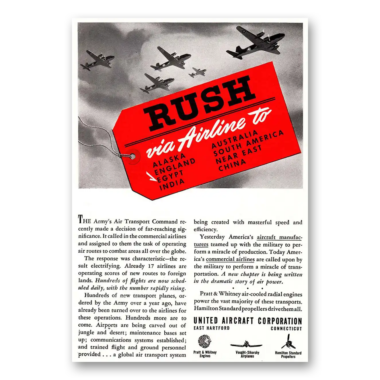 1942 United Airlines Print Ad | Rush Via Airline