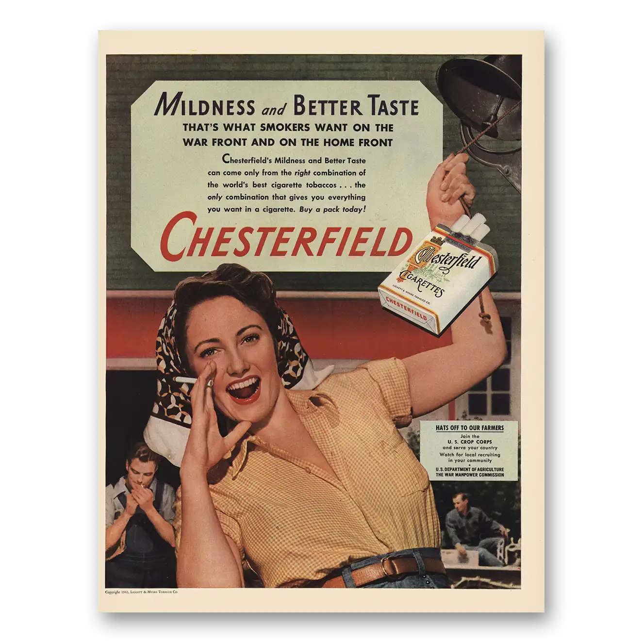 1943 Chesterfield Cigarettes Print Ad | Mildness And Better Taste