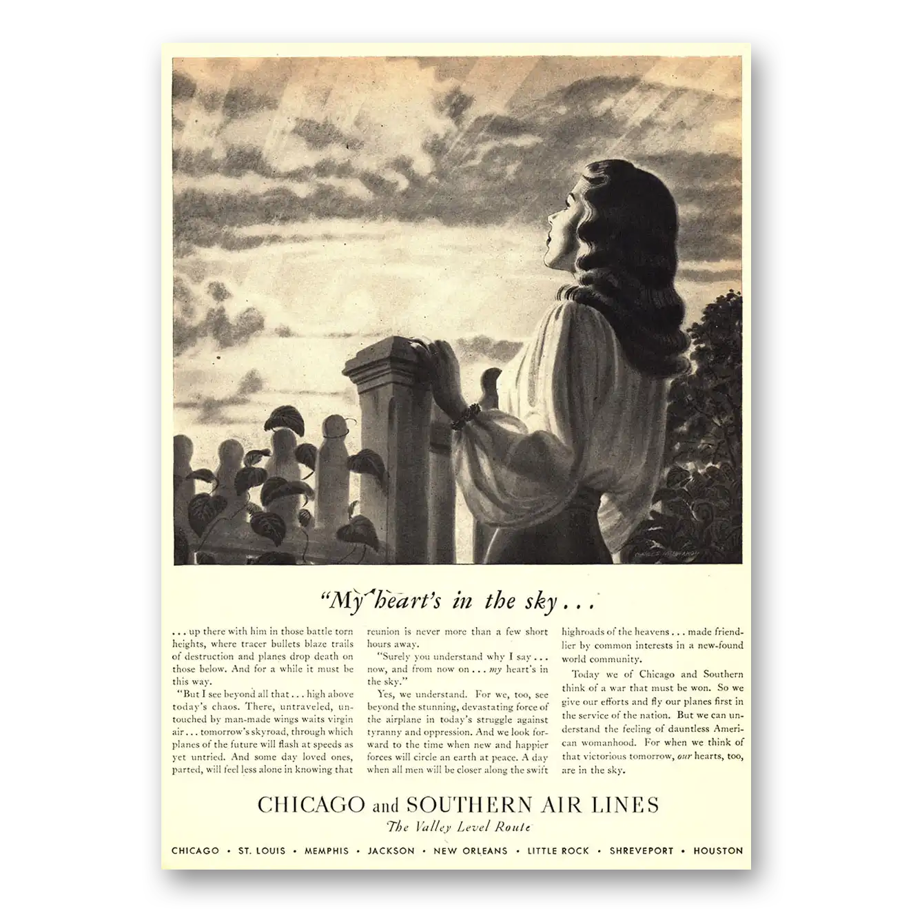 1943 Chicago and Southern Air Lines Print Ad | Hearts Sky