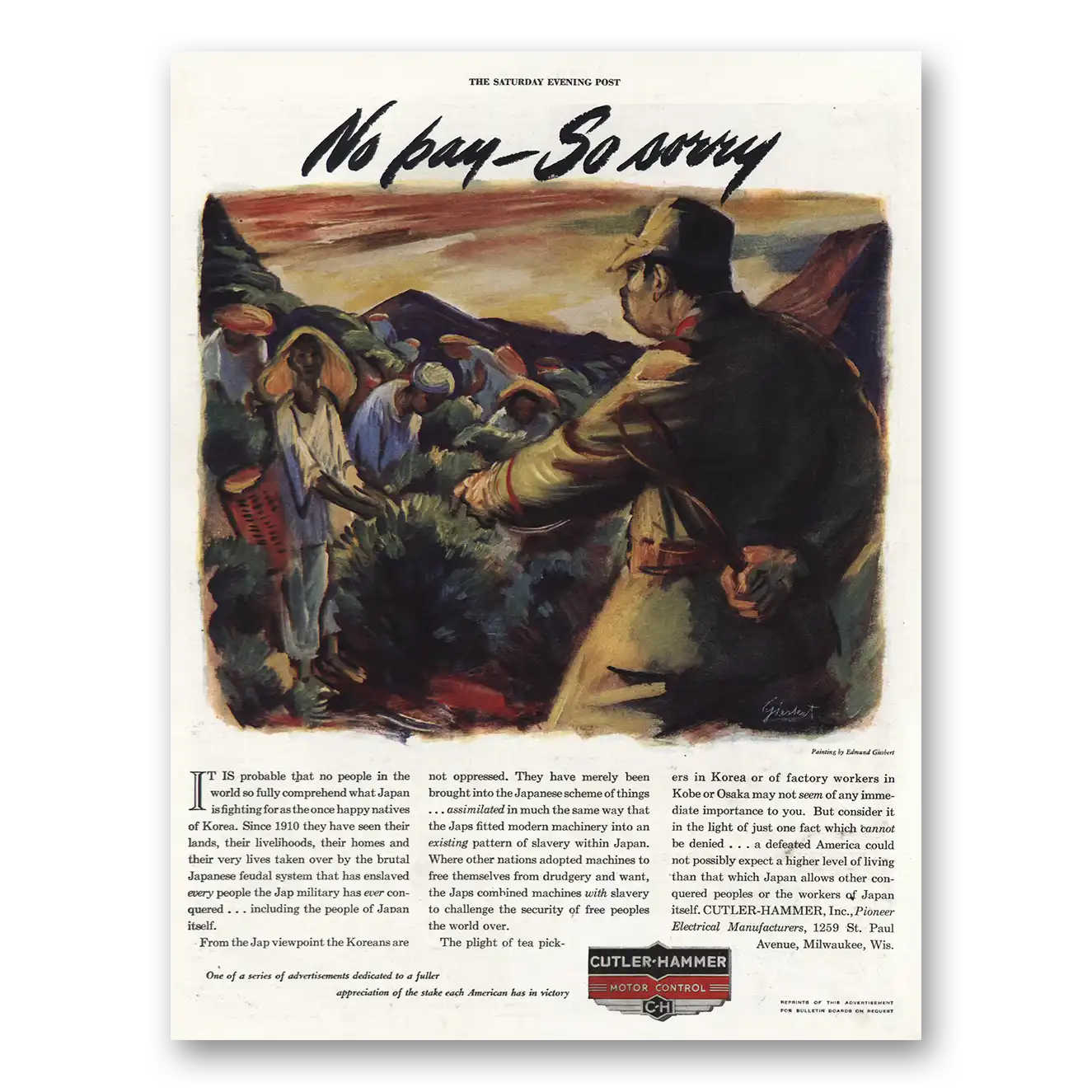 1943 Cutler Hammer Print Ad | No Pay So Sorry