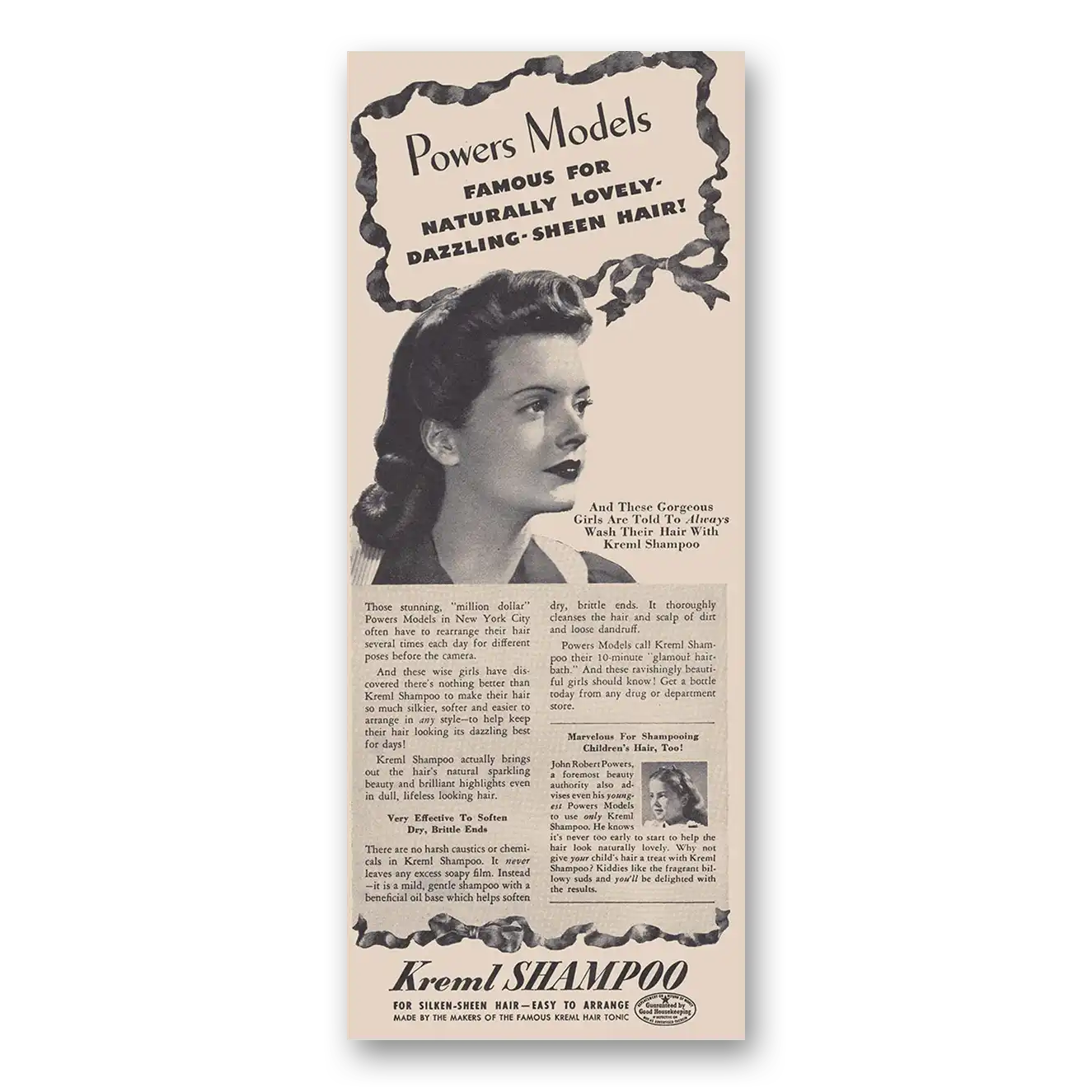1943 Kreml Shampoo Print Ad | Powers Models