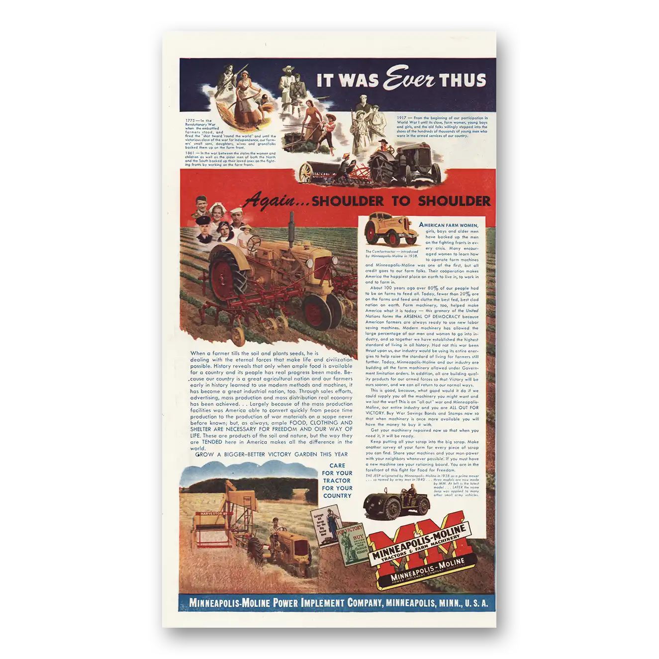 1943 Minneapolis Moline Power Implement Print Ad | Shoulder To Shoulder