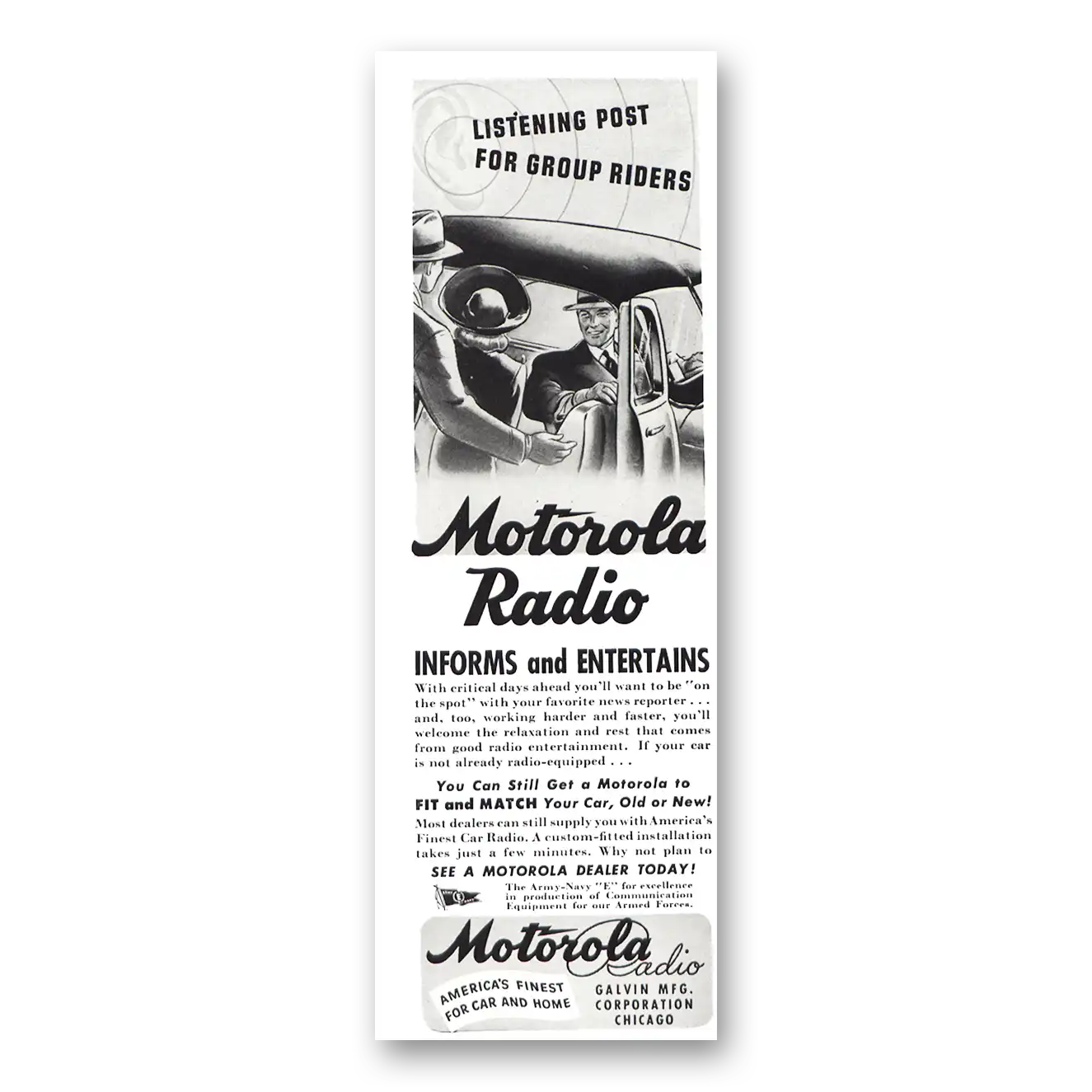 1943 Motorola Radio Print Ad | Listening Post For Group Riders