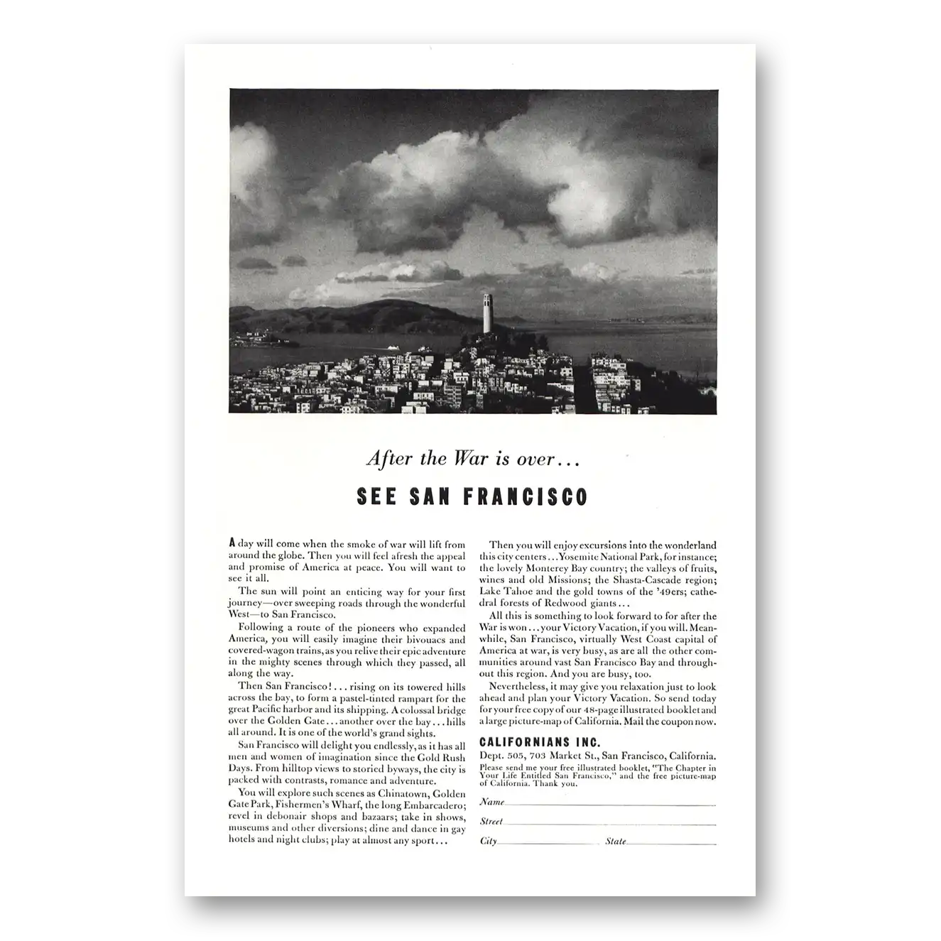 1943 San Francisco California Print Ad | War Is Over