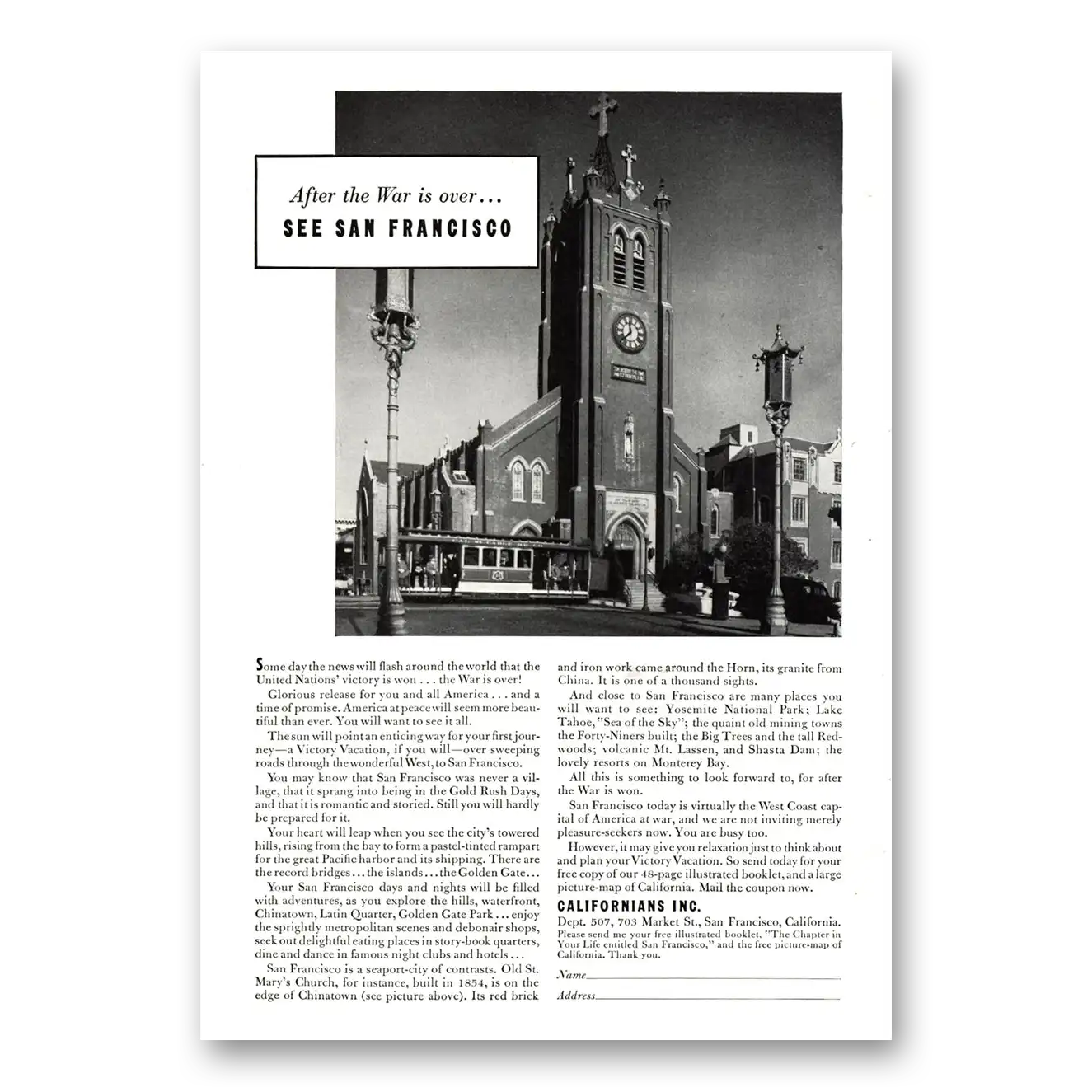 1943 San Francisco California Print Ad | St Marys Church