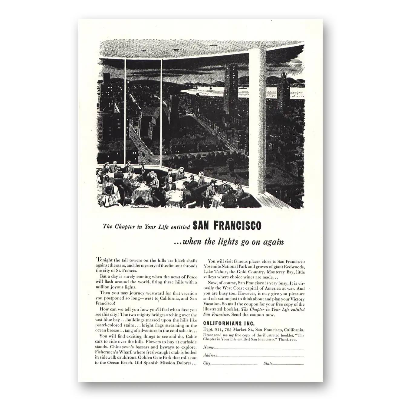 1943 San Francisco California Print Ad | Lights Go On