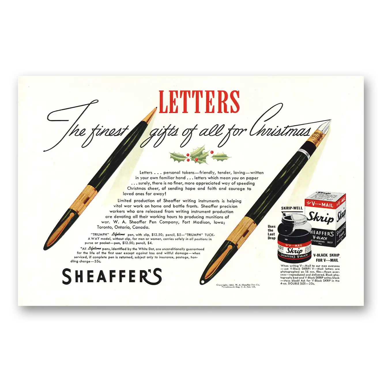 1943 Sheaffers Triumph Tuckaway Pen Print Ad | Christmas