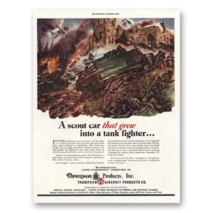 1943 Thompson Aircraft Products Print Ad | Scout Car Grew Into Tank