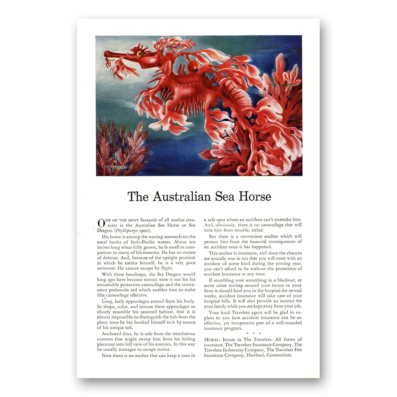 1943 Travelers Insurance Print Ad | Sea Horse