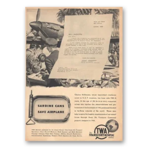 1943 TWA Airlines Print Ad | Sardine Cans