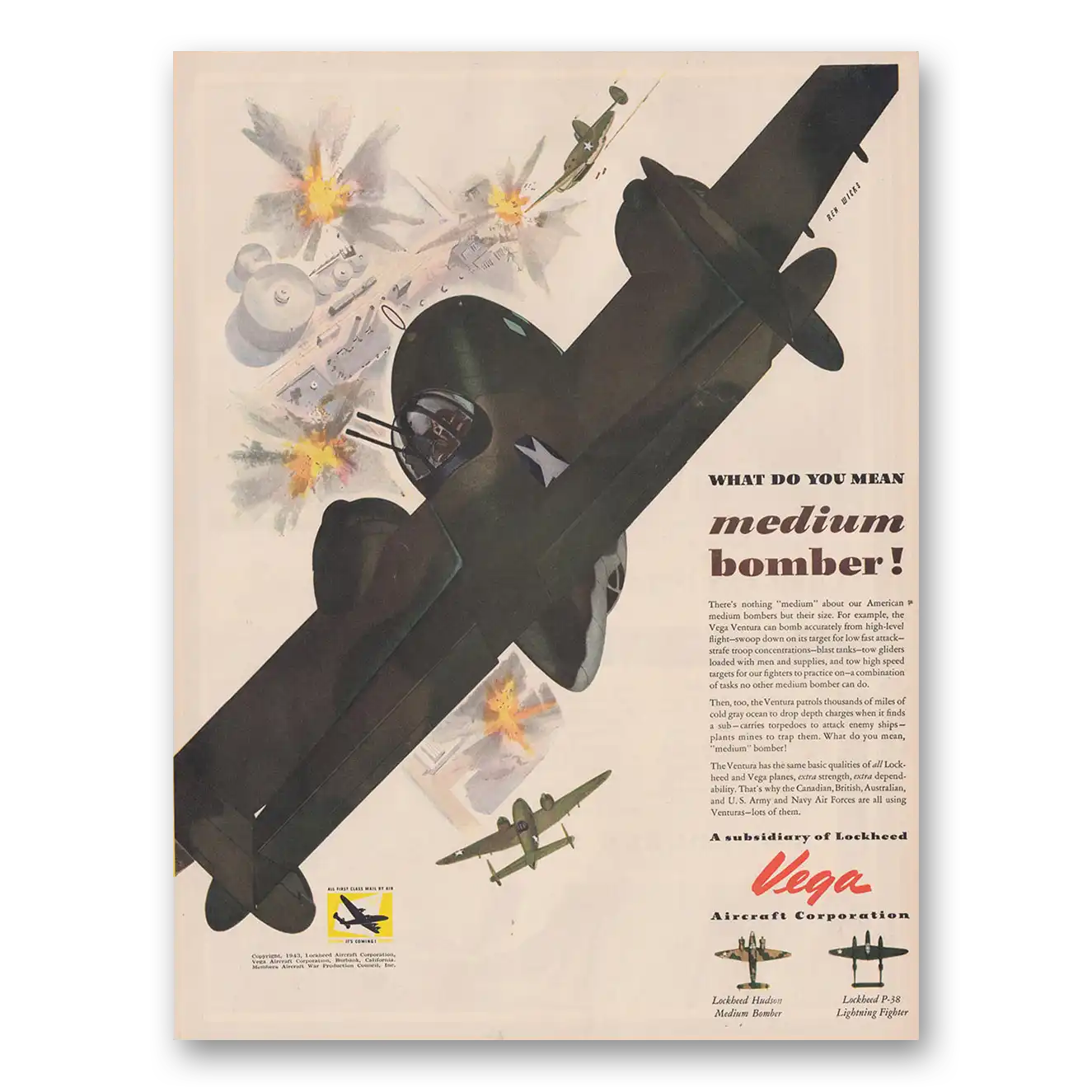 1943 Vega Aircraft Print Ad | Medium Bomber