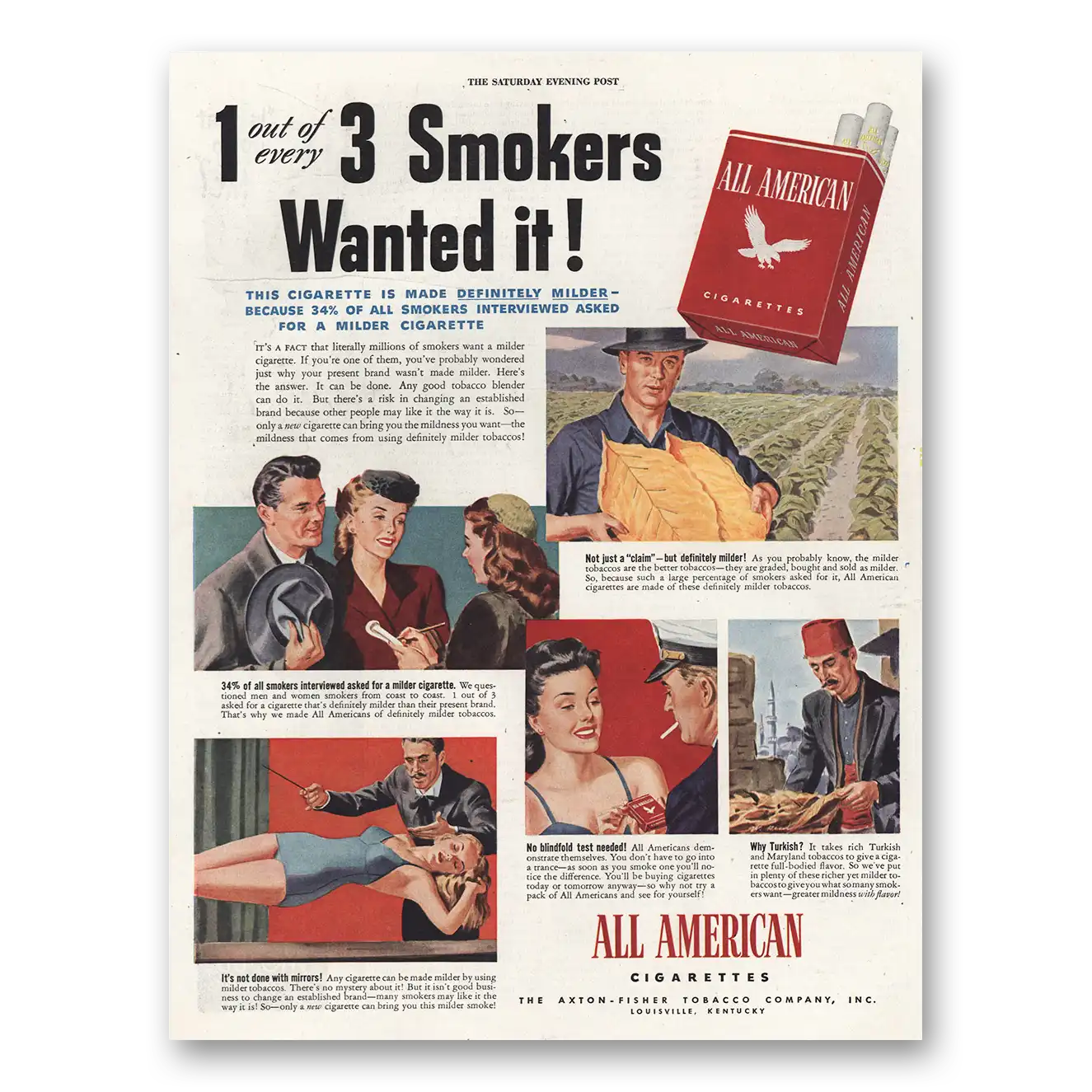 1944 All American Cigarettes Print Ad | Smokers Wanted