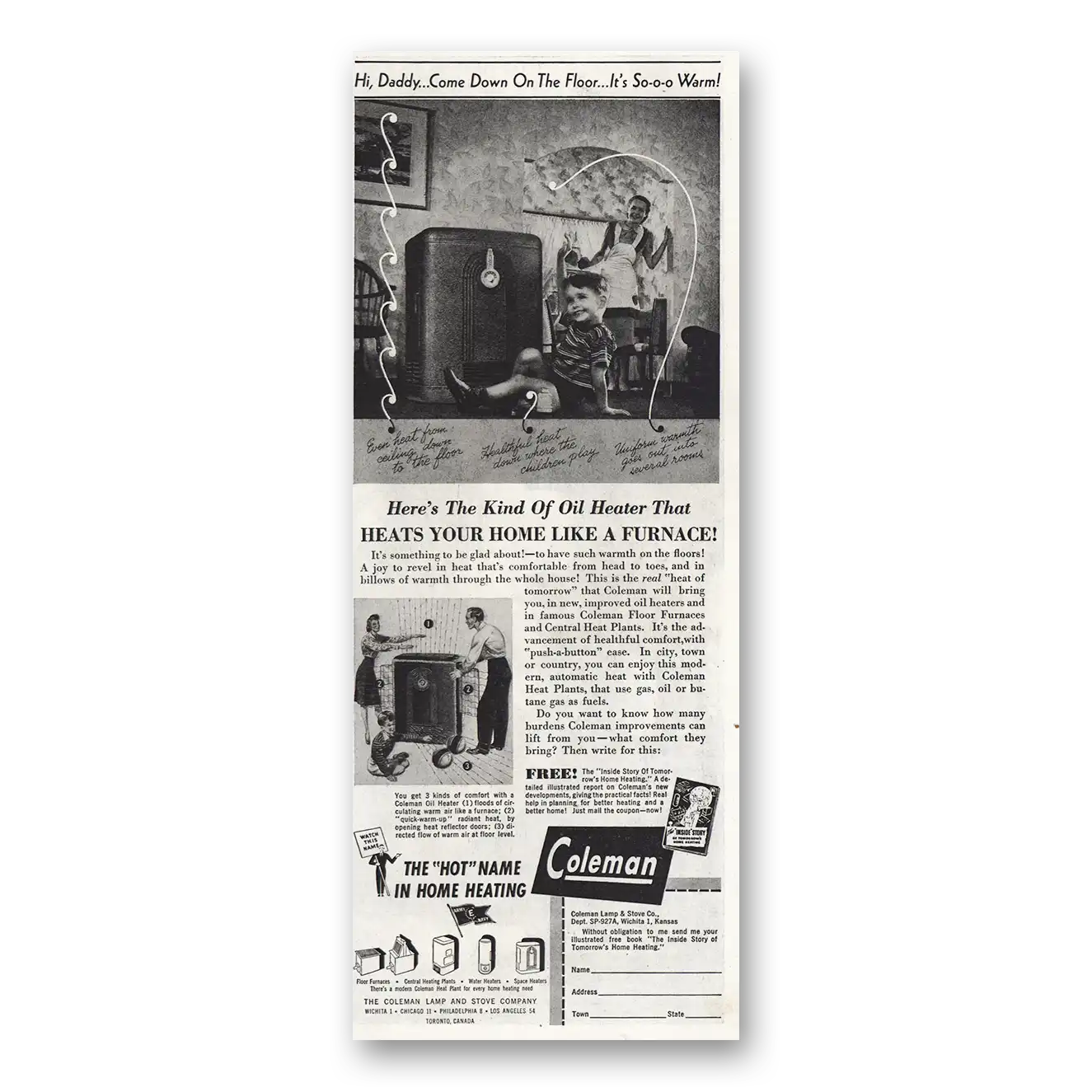 1944 Coleman Floor Furnace Print Ad | Come Down