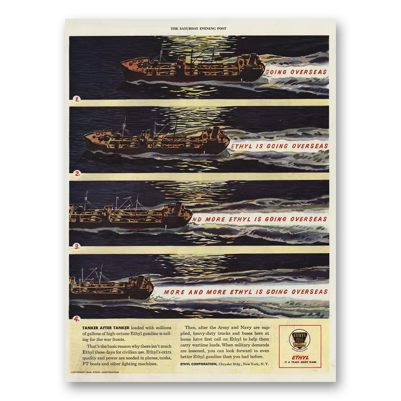 1944 Ethyl Gasoline Print Ad | Going Overseas