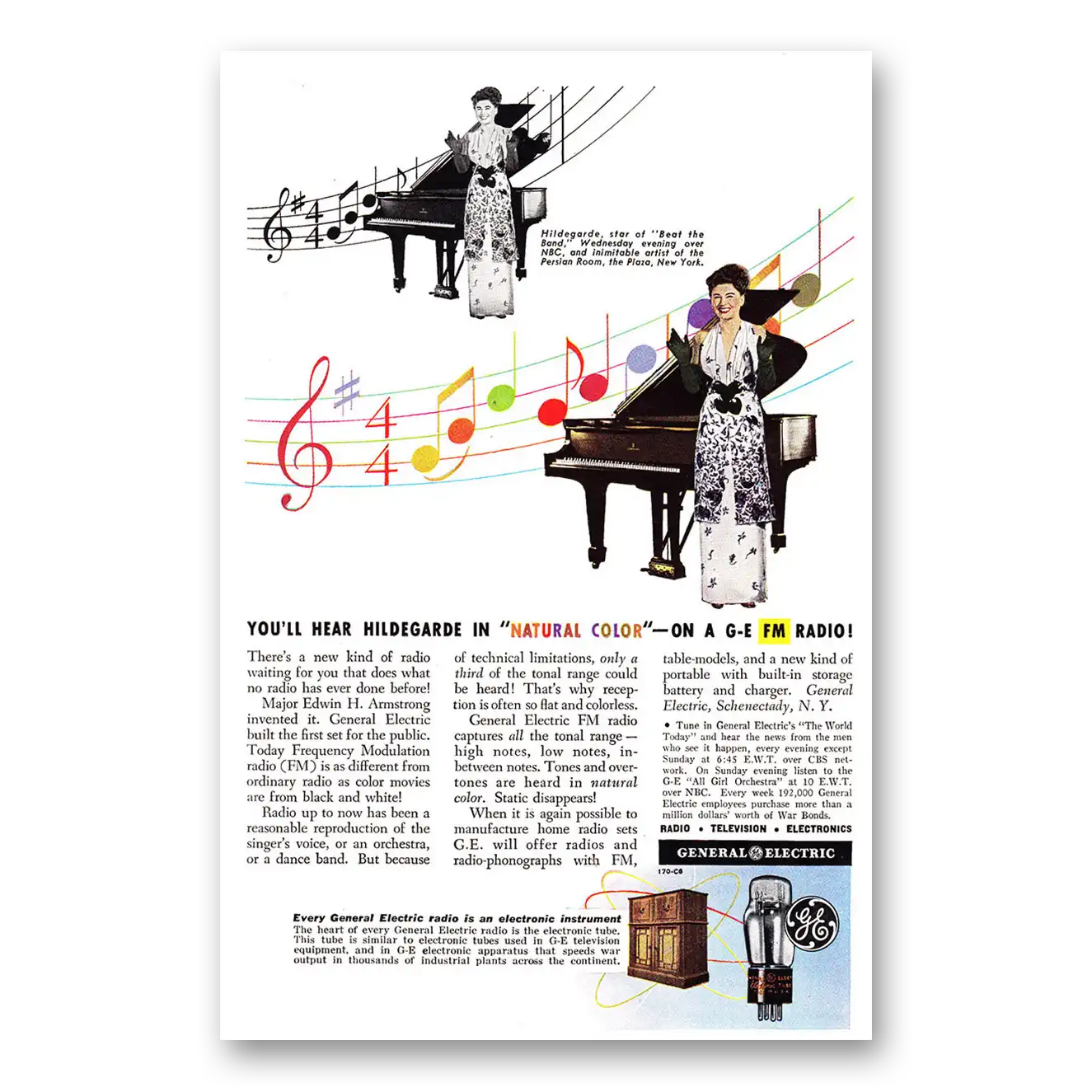 1944 General Electric Radio Print Ad | Hear Hildegarde