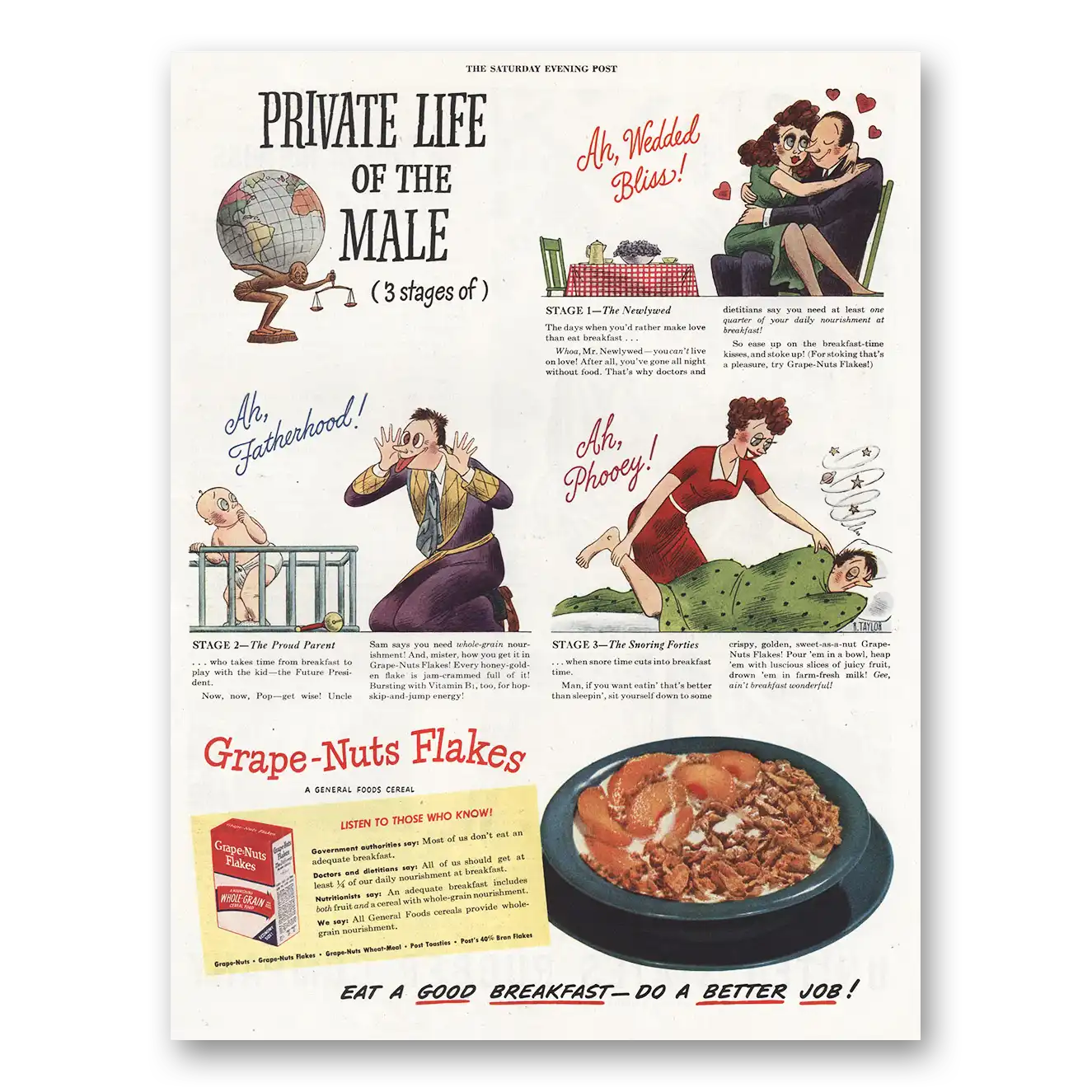 1944 Grape Nuts Flakes Cereal Print Ad | Private Life