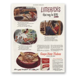 1944 Grape Nuts Flakes Cereal Print Ad | Limericks