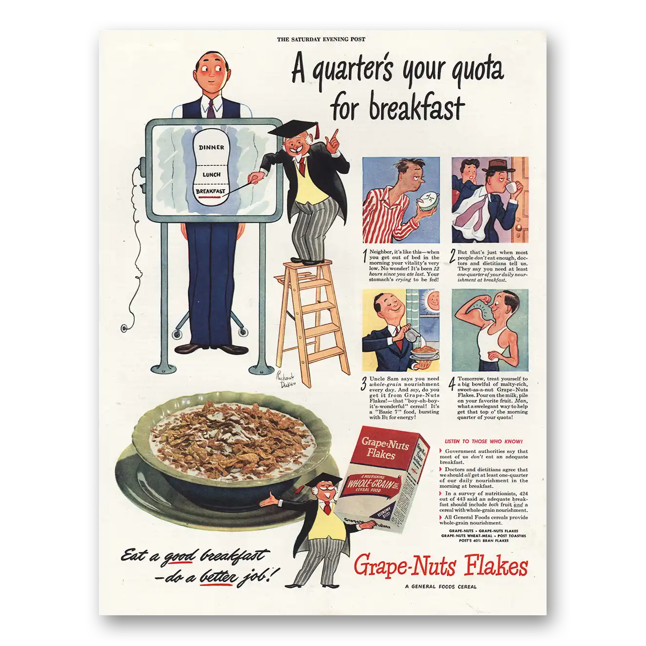 1944 Grape Nuts Flakes Cereal Print Ad | Quota Breakfast