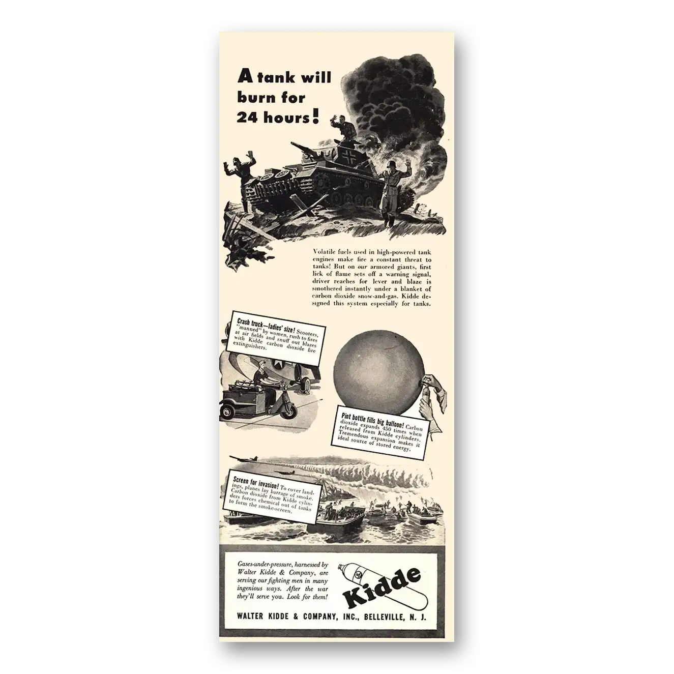 1944 Walter Kidde Fire Extinguisher Print Ad | Tank Will Burn